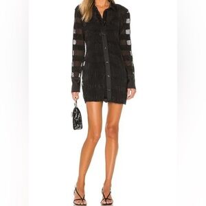 L'Academie NWT The Maryl V-Neck Textured Long Sleeve Shirt Dress in Black Size L